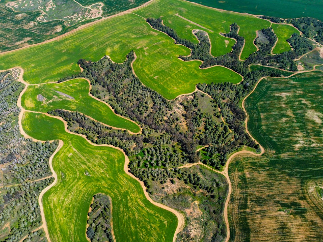 A stunning aerial view of lush green farmlands with intricate patterns from above.
